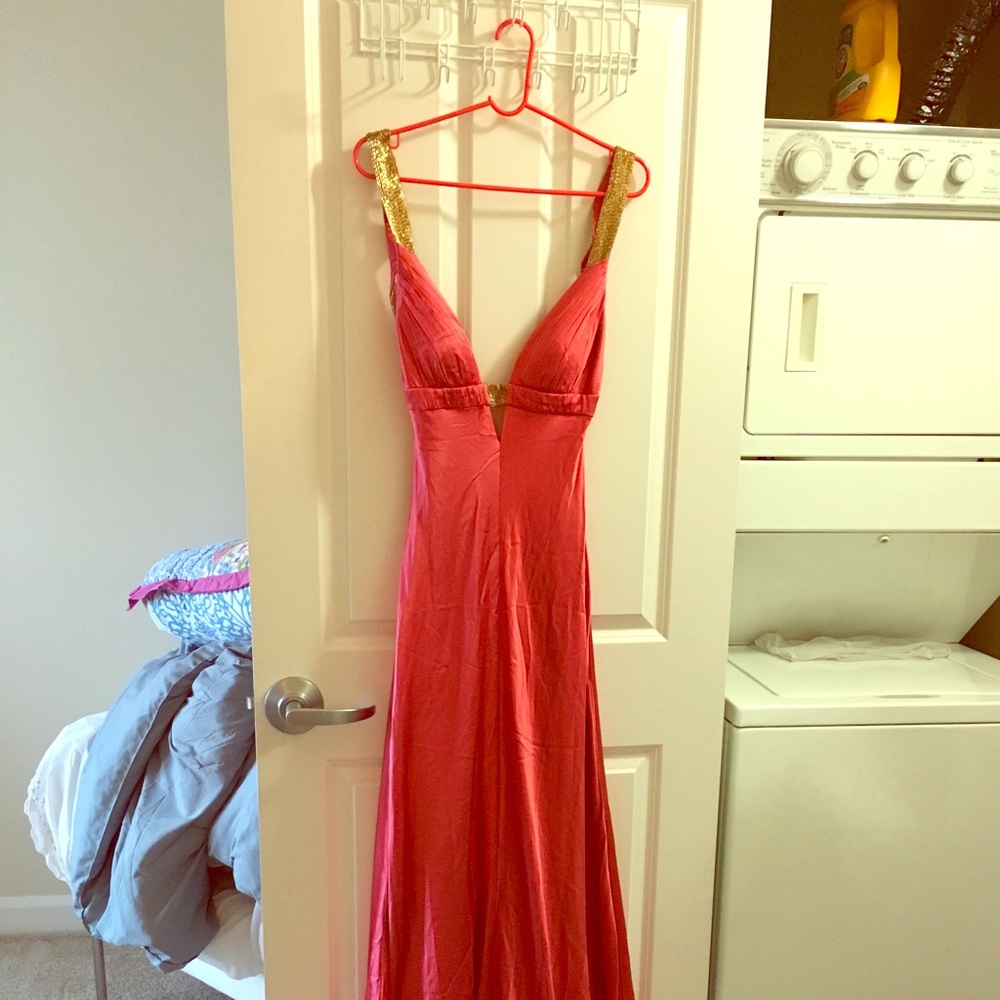 Vintage evening gown, satin coral flow w gold trim